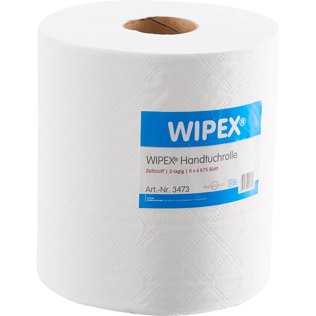 Een witte papieren handdoekrol met blauwe letters 'WIPEX Handtuchrolle'.