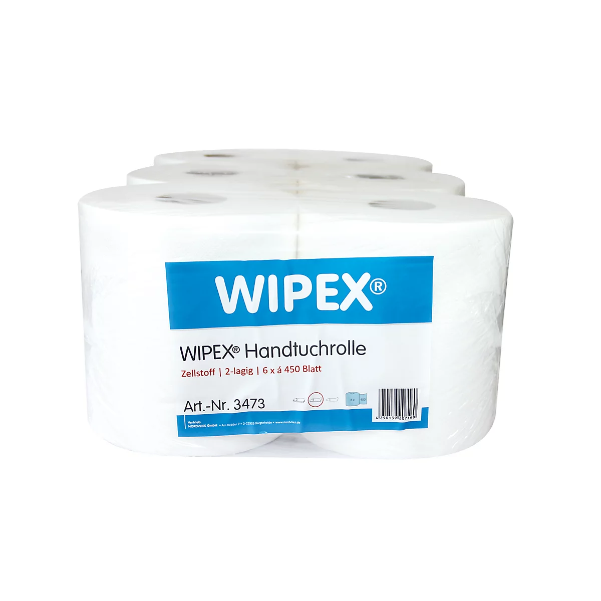 Een pakket witte papieren handdoekrollen. Gedrukt: WIPEX, handdoekrol, 6x450 vellen, artikelnummer 3473.