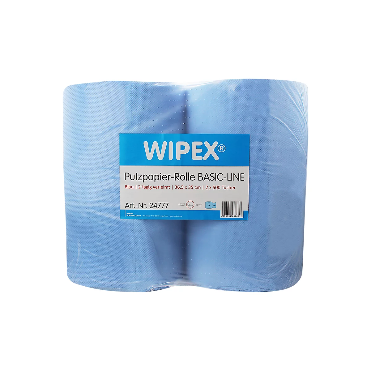 Twee blauwe papieren handdoekrollen, verpakt in plastic. Op de verpakking staat "WIPEX".