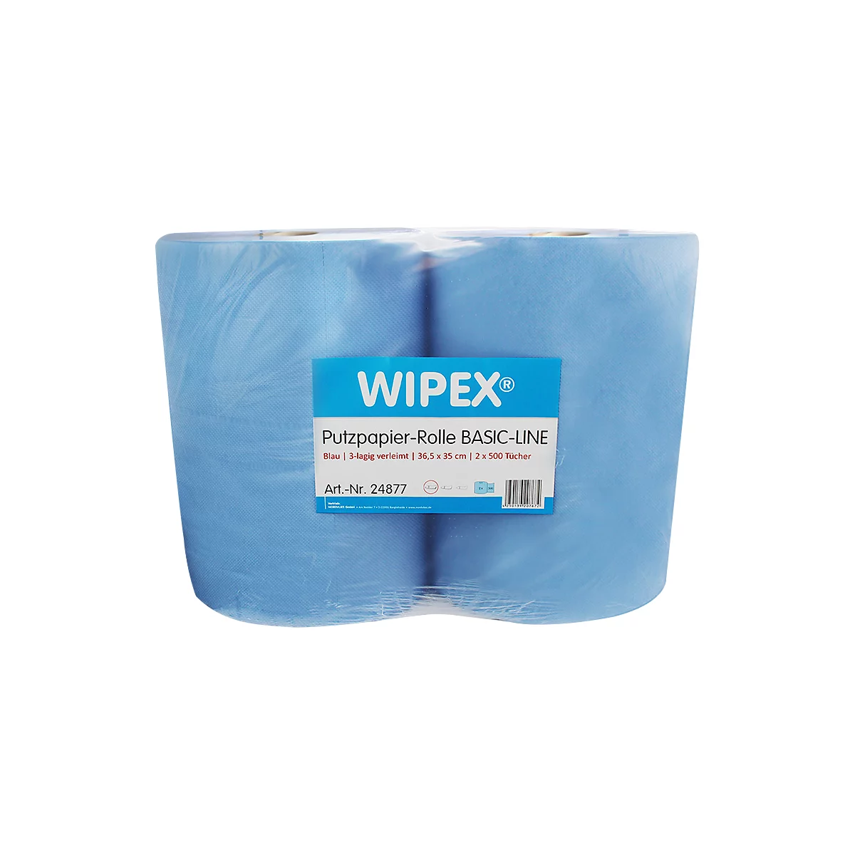 Blauw schoonmaakpapier verpakt in folie. Gedrukt: WIPEX, schoonmaakpapierrol BASIC-LINE.