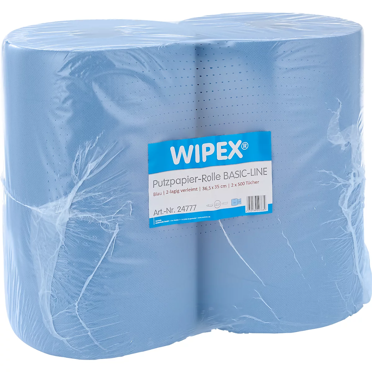 Zwei hellblaue Putzpapierrollen in transparenter Folie verpackt, mit Wipex-Etikett.