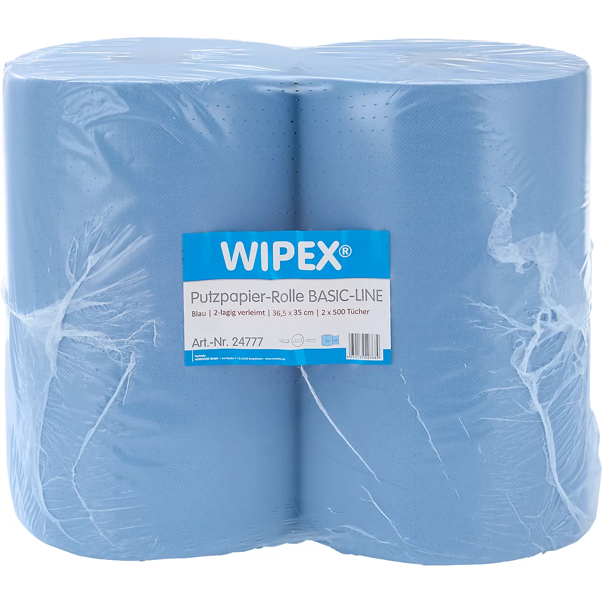 Zwei in Folie verpackte blaue Wiplex Putzpapierrollen mit Produktetikett.