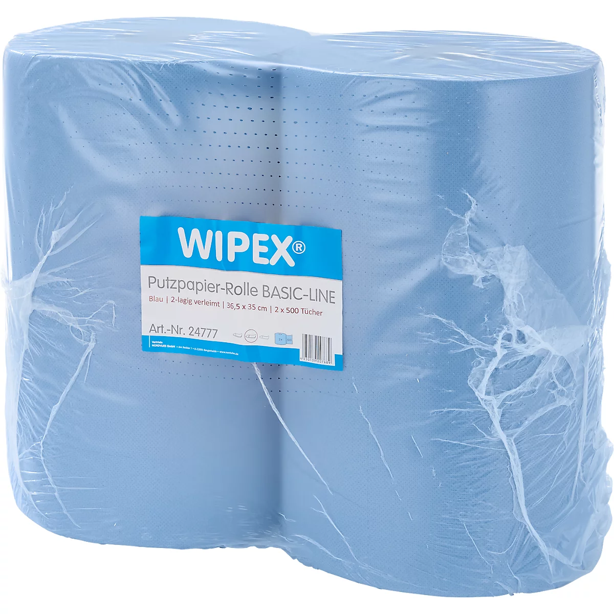 Zwei blaue Wiplex Putzpapierrollen in transparenter Folie verpackt.
