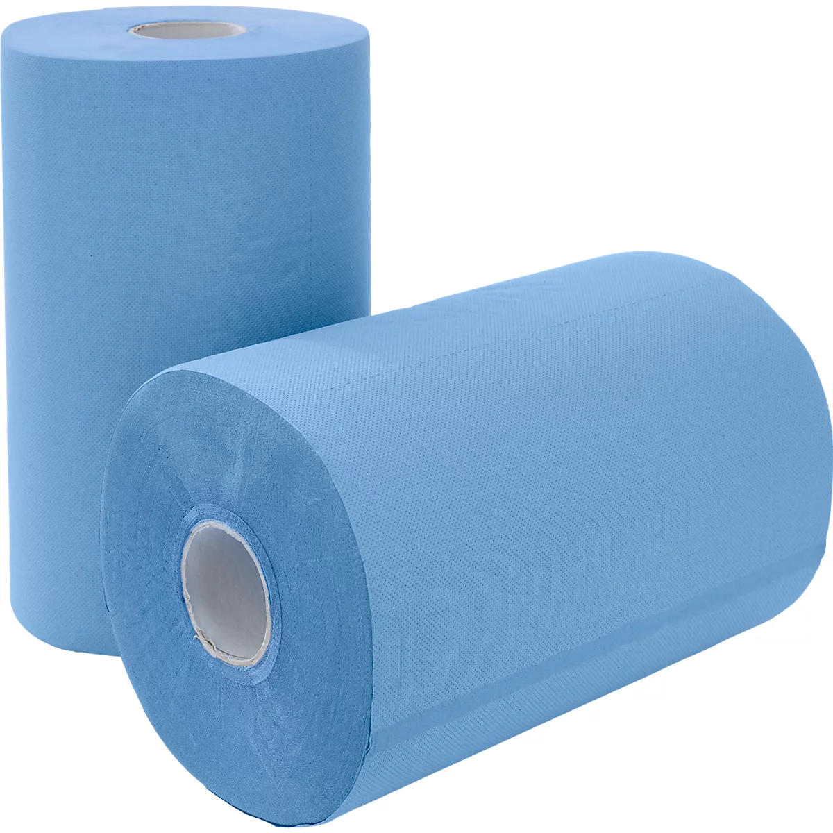 Zwei hellblaue Papierrollen für Industriereinigung vor weißem Hintergrund.