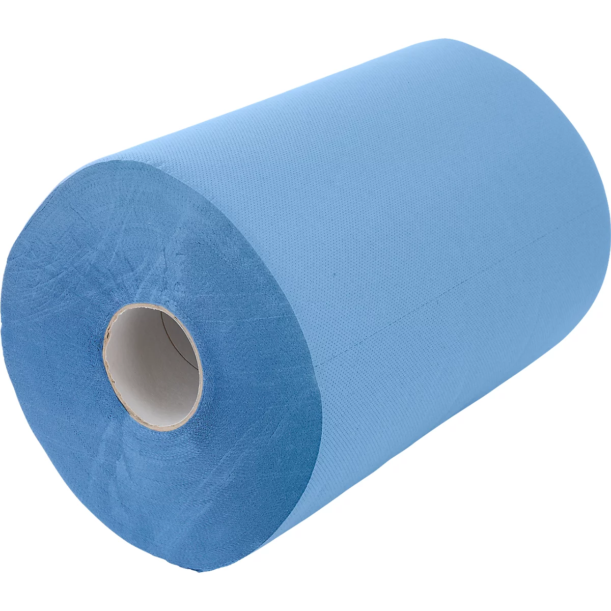 Eine große, hellblaue Papierrolle aus Vliesstoff auf einem weißen Pappkern.