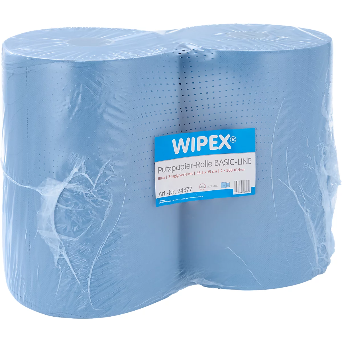 Zwei blaue Wiplex Putzpapier-Rollen in transparenter Kunststoffverpackung mit Produktetikett.
