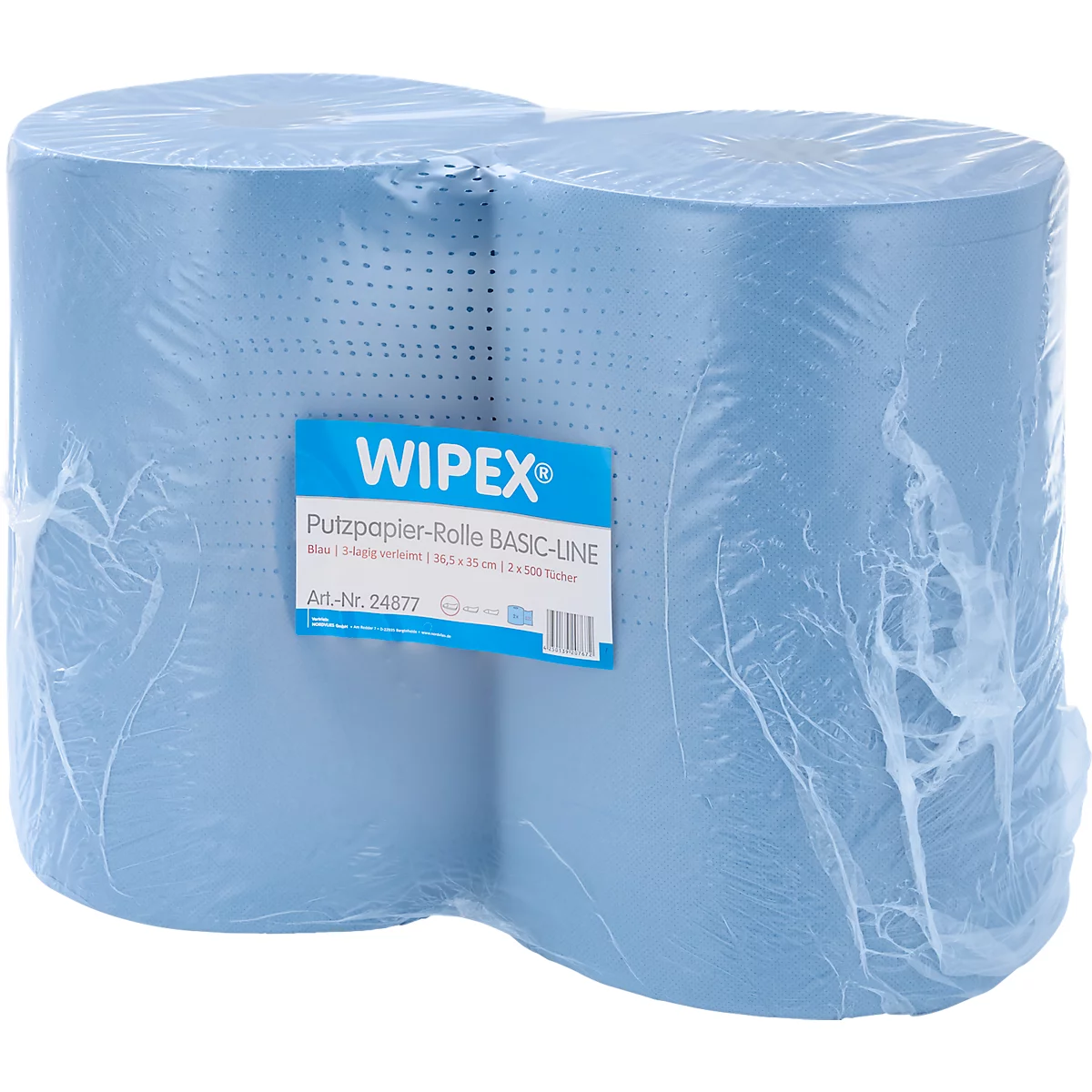 Zwei hellblaue Putzpapierrollen von WIPEX in transparenter Folie verpackt.