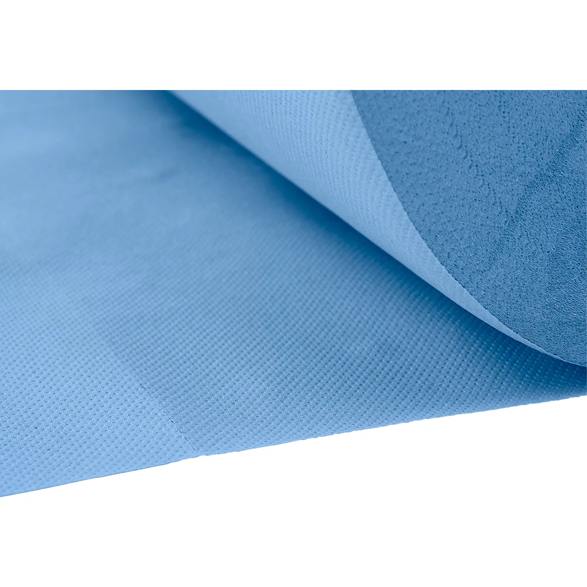 Hellblaues, fein strukturiertes Vliesstoff-Material, das sich an einer Ecke leicht aufrollt.