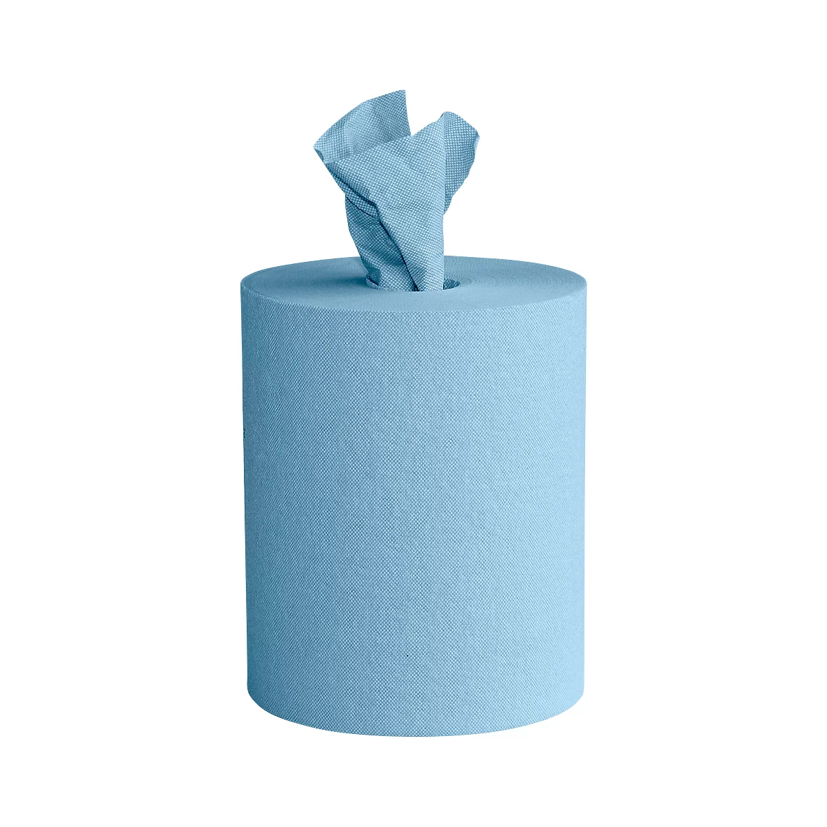 Blue paper towel roll dispenser with paper towels protruding.