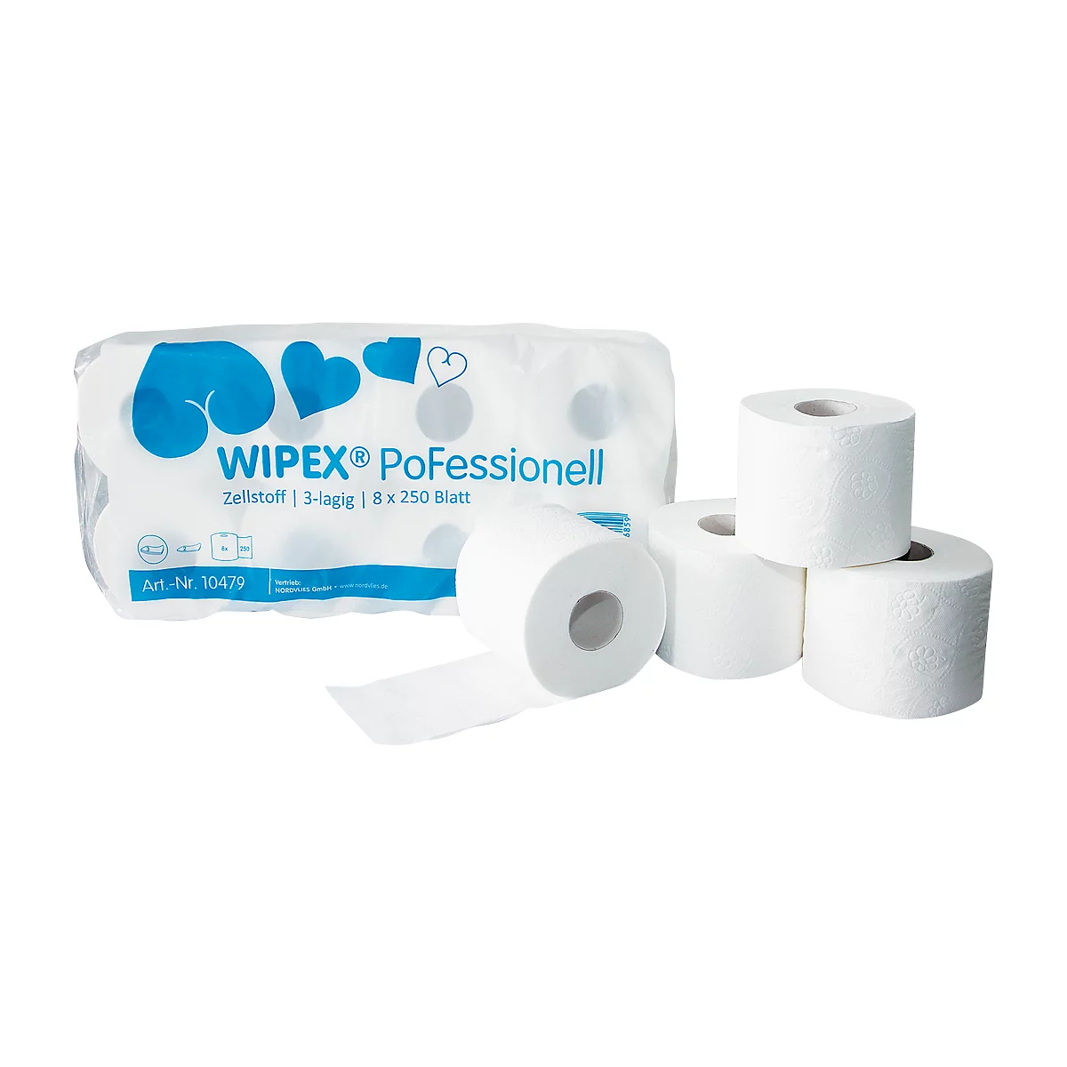 WIPEX Papel higiénico PoFessional, 250 hojas por rollo, 3 capas, 72 rollos