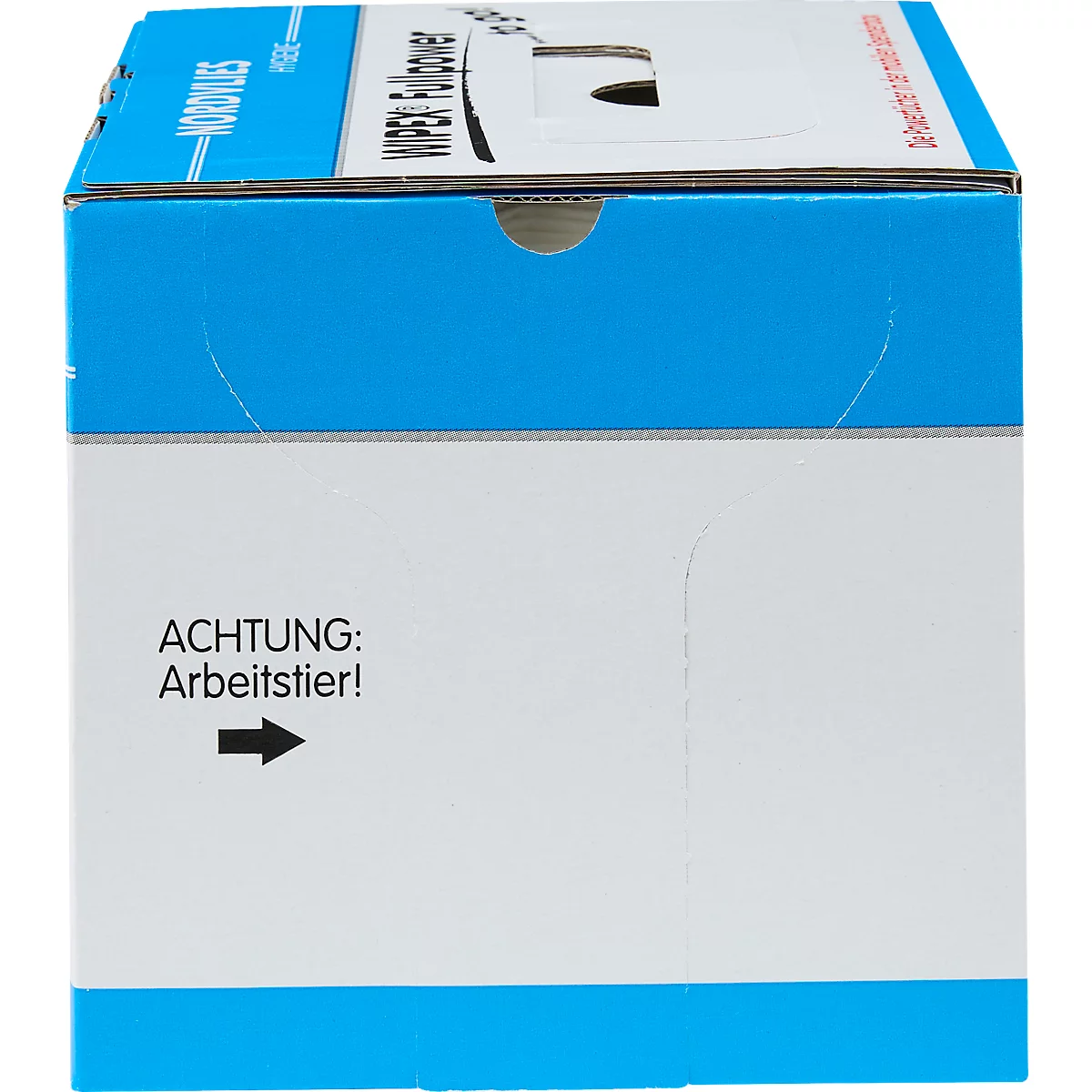 Blauer Karton, „ACHTUNG: Arbeitstier!“ und Pfeil auf weißem Grund. Oben Schriftzüge, eine Aussparung.