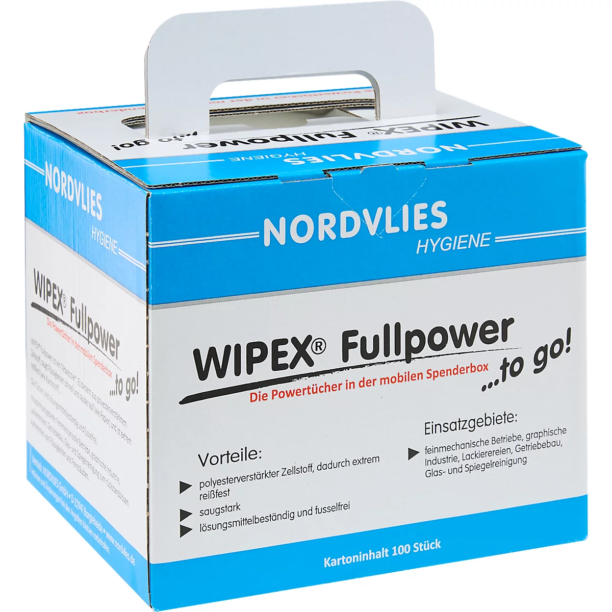 Eine quadratische Kartonbox mit Tragegriff. Auf der Box steht in großen Buchstaben "WIPEX Fullpower". Darunter Hinweise auf die Einsatzgebiete und Vorteile.