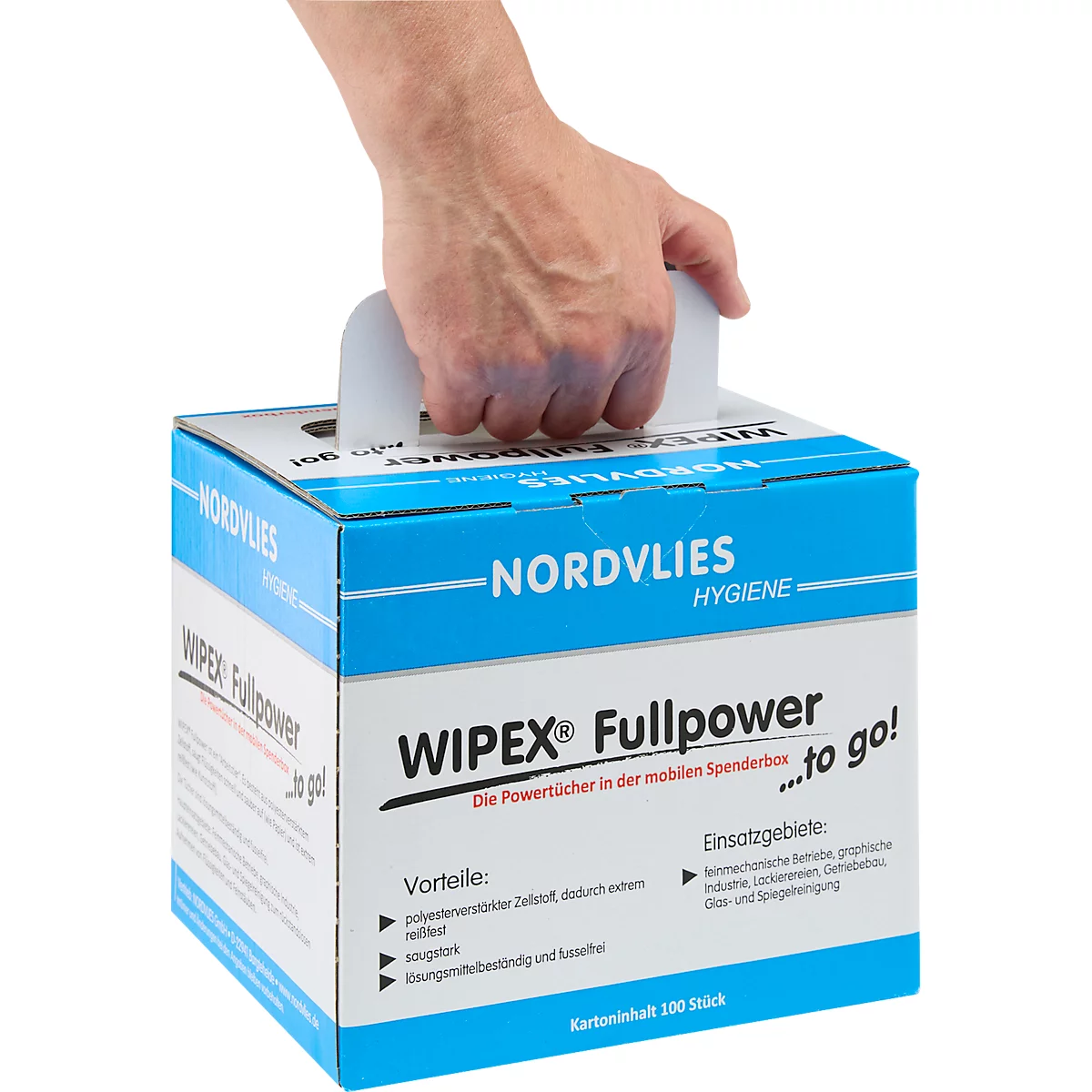 Eine Hand hält einen Karton mit Putztüchern. Aufschrift: WIPEX Fullpower. Blauer und weißer Karton.
