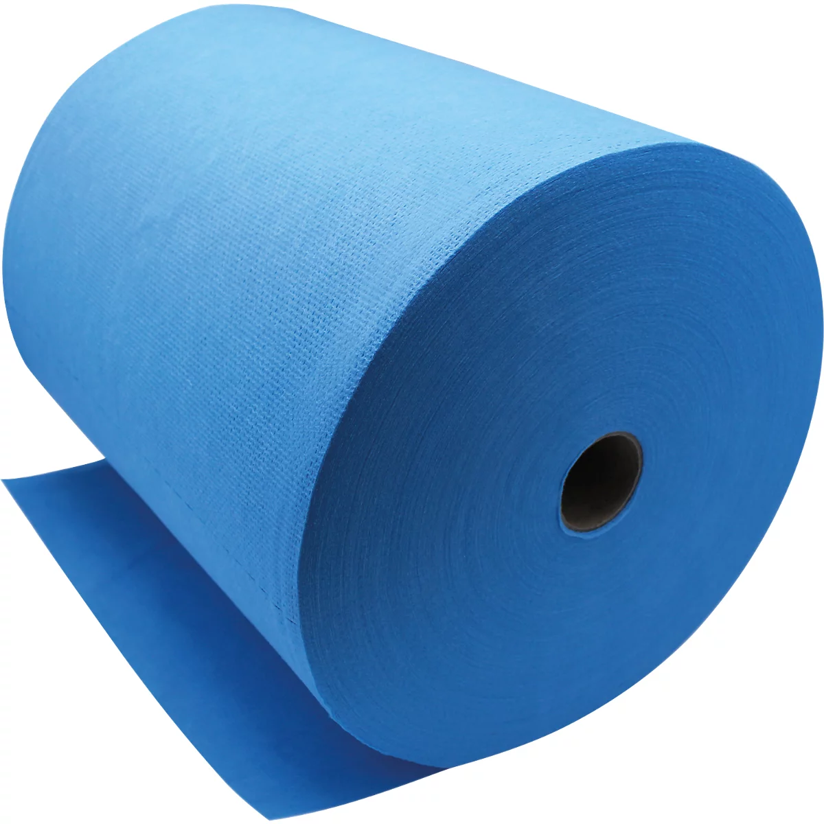 Blaues Vliesstofftuch aufgerollt. Einige Teile des Tuches sind abgerollt.