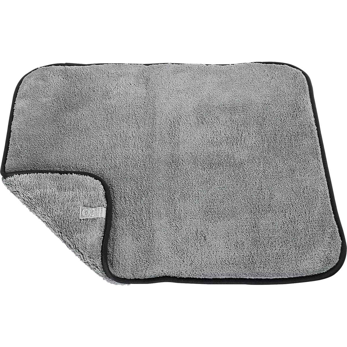 Chiffon en microfibre gris avec bord noir. Une partie du chiffon est pliée, une étiquette est visible.