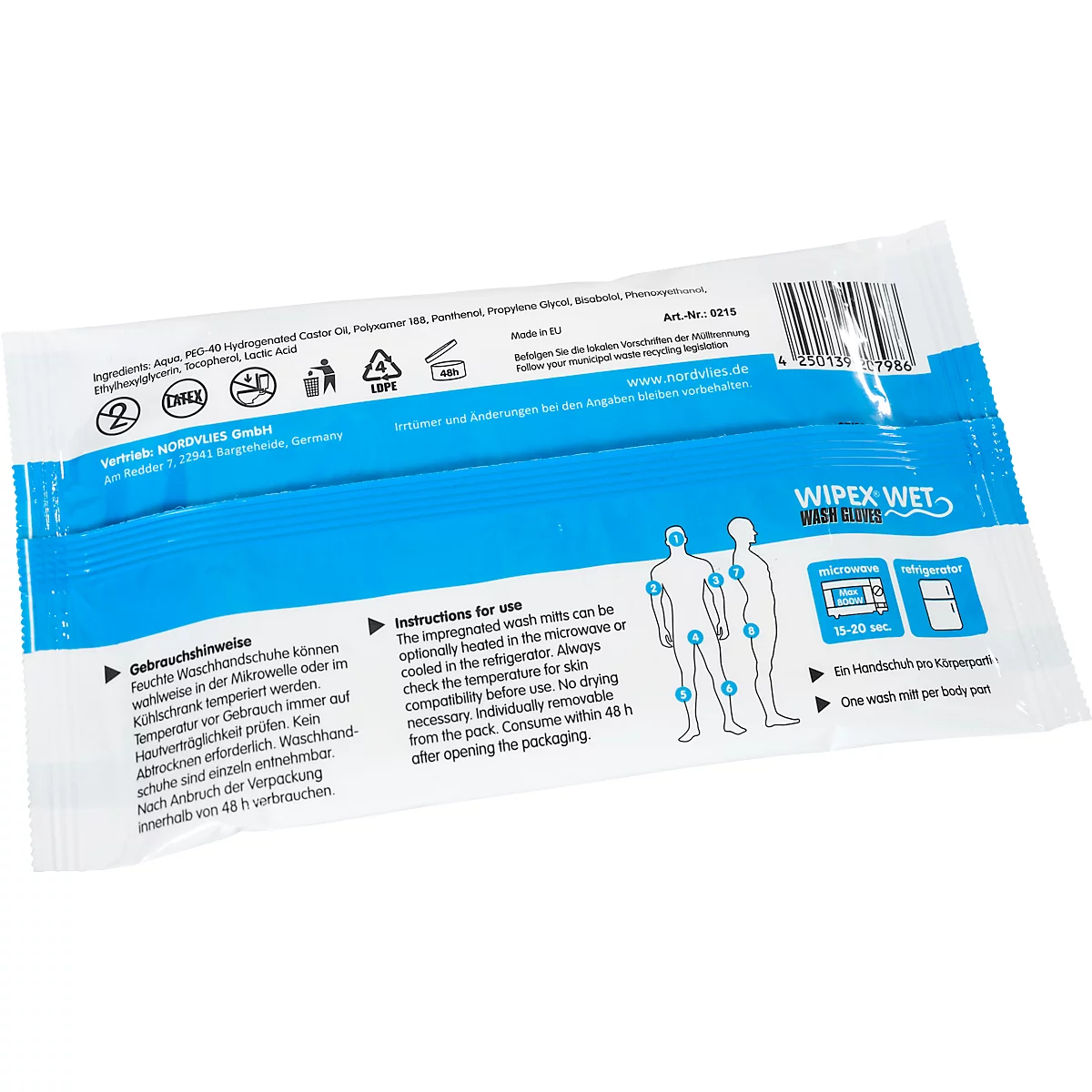 Verpackung von feuchten Waschlappen. Blaue Schrift auf weißem Grund, Produktnamen und Anwendungsbeispiele.