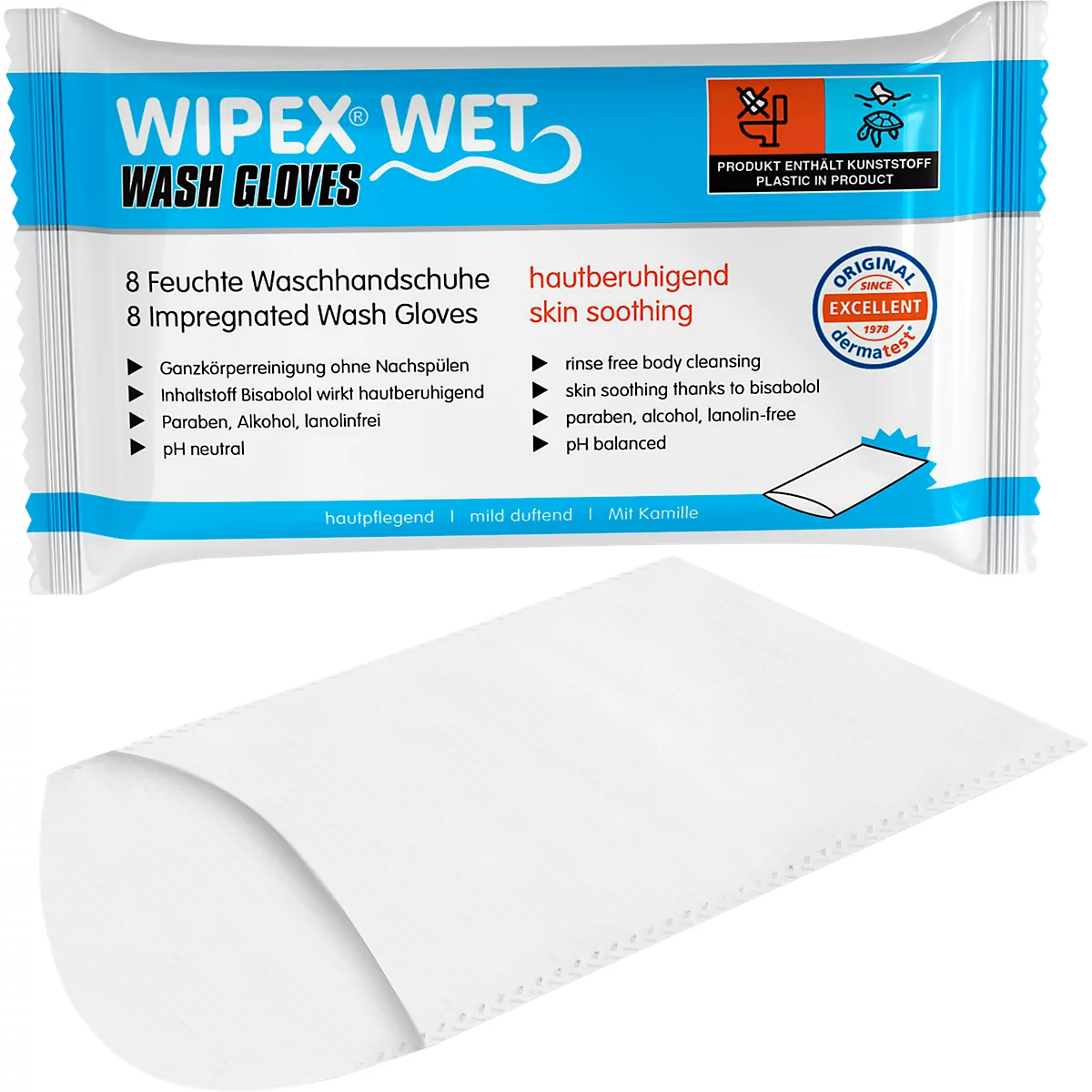 Verpakking met vochtige doekjes, waaronder één washandje. Op de verpakking staat "WIPEX WET WASH GLOVES" en andere productinformatie.