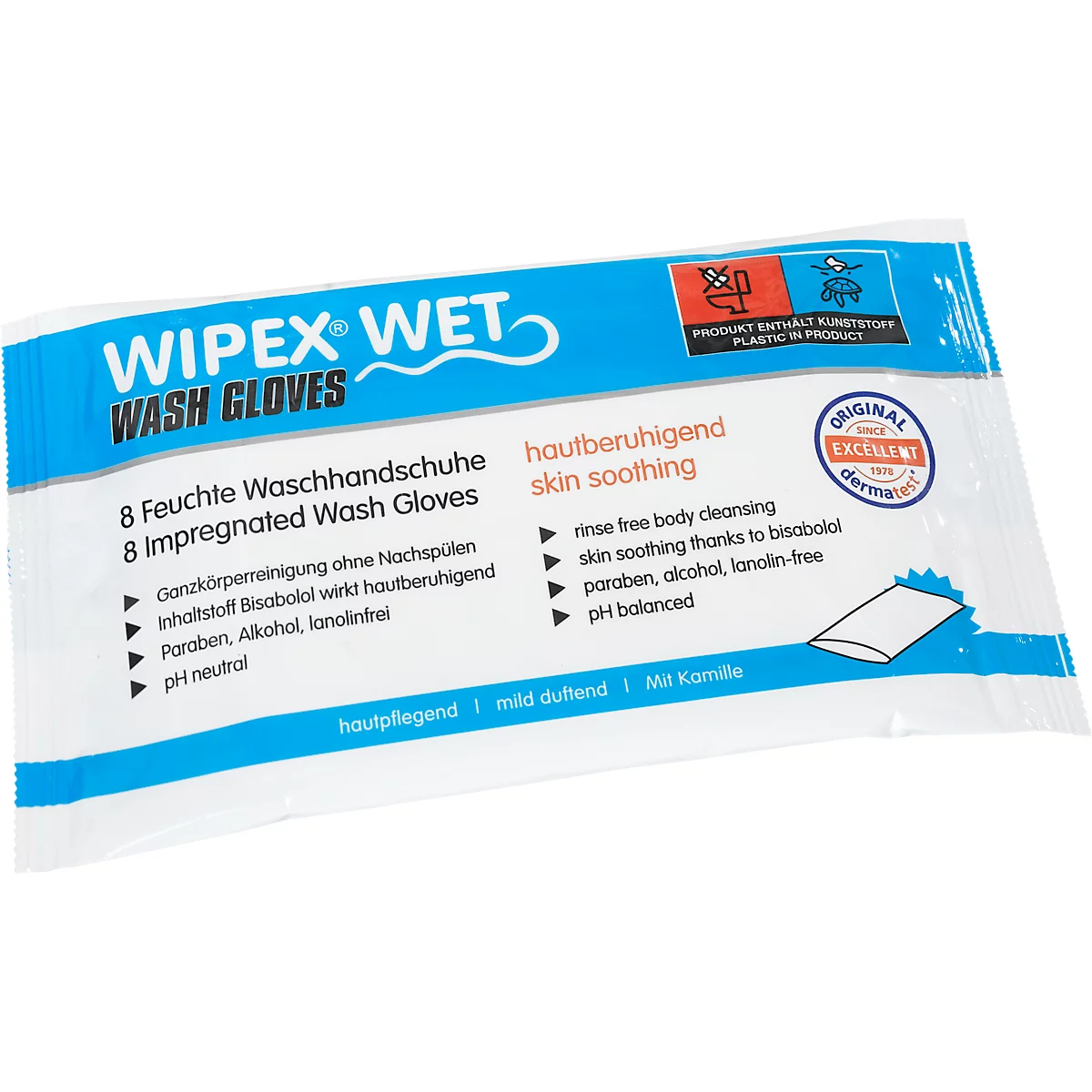 Verpakking van natte washandjes. Blauw en wit ontwerp, productnaam WIPEX WET. Tekst: Huidreiniging, spoelvrij, parabenenvrij.