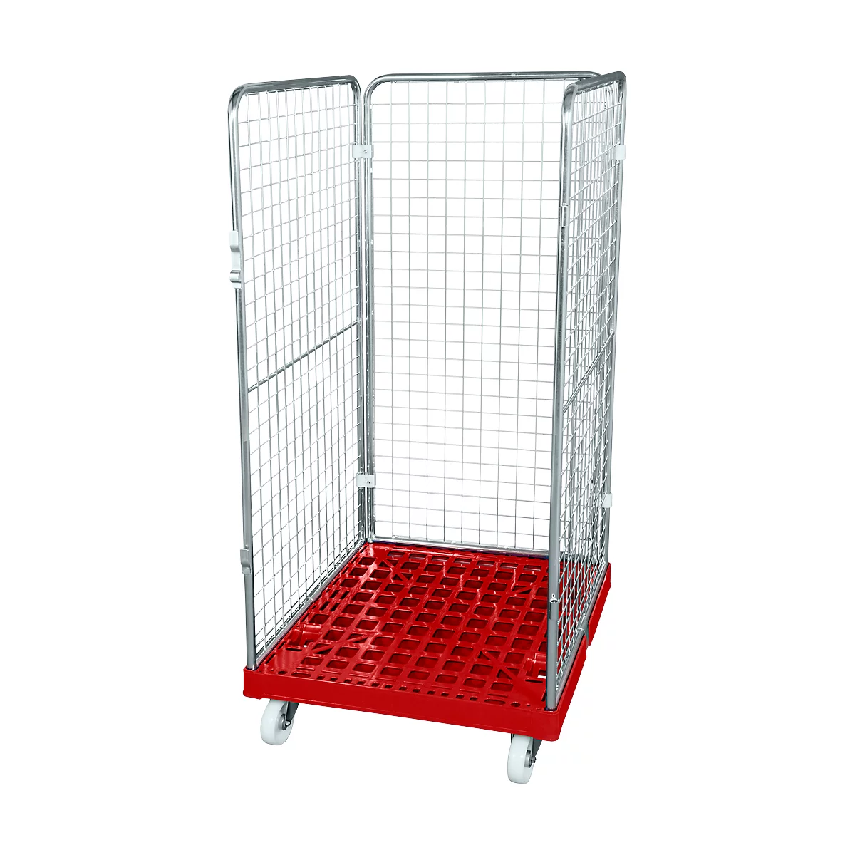 A red transport trolley with wire mesh walls and white wheels. It is empty and standing on a white background.