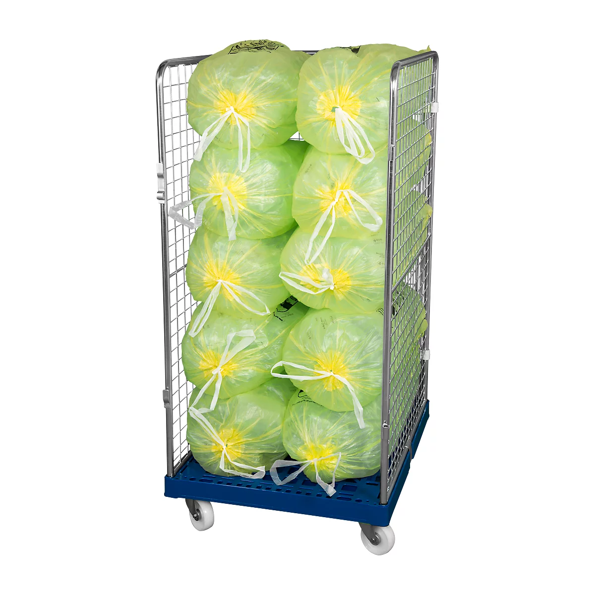 Roll container filled with green salads in foil. The container is on castors.