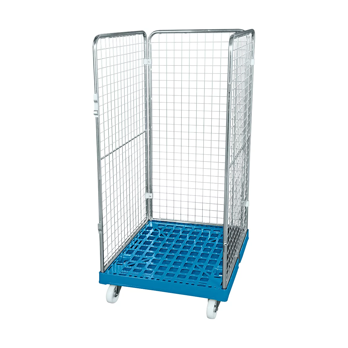 Blue rolling cart with wire mesh sides and wheels. Open door.