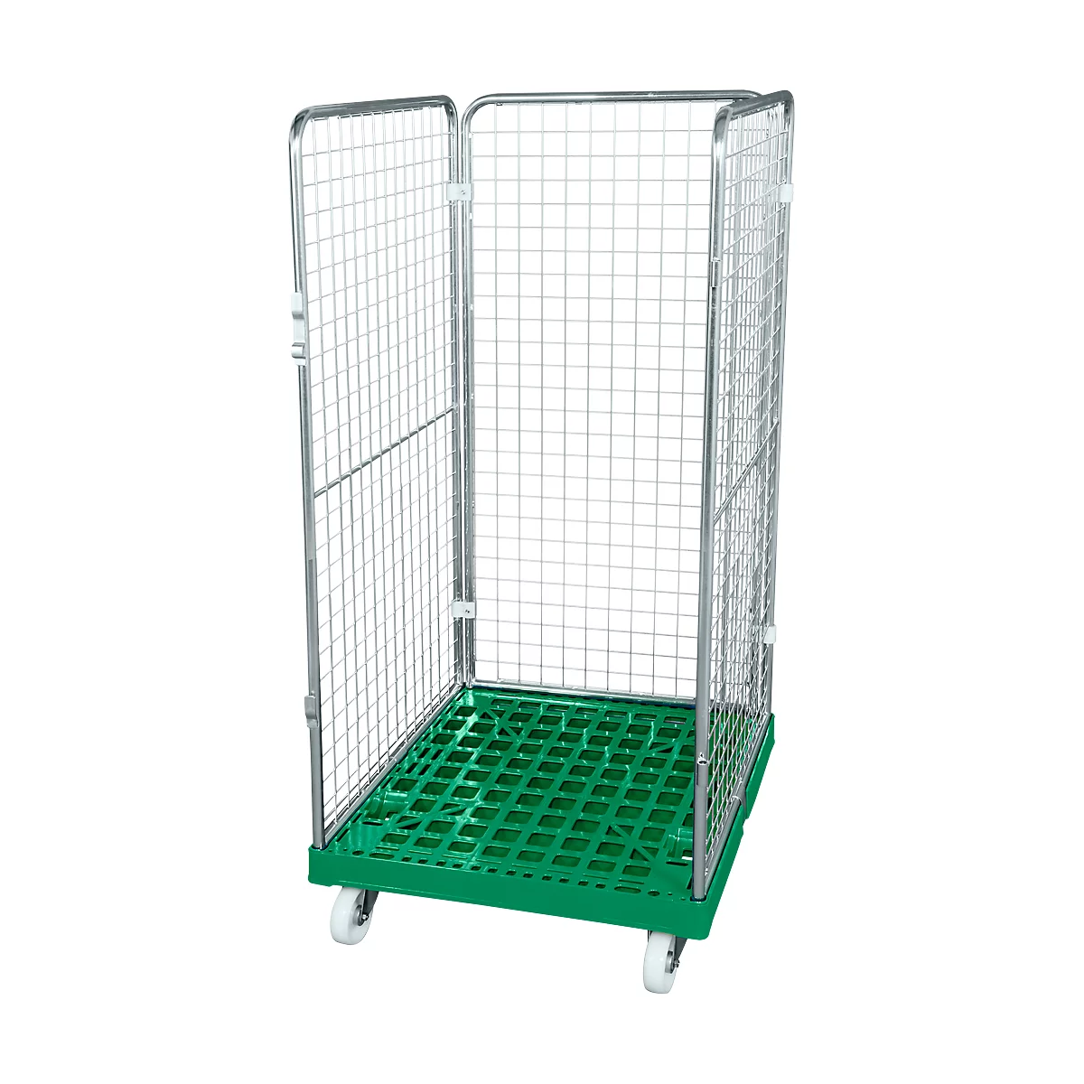 Metal roll container, green plastic floor and mesh walls. Four wheels.