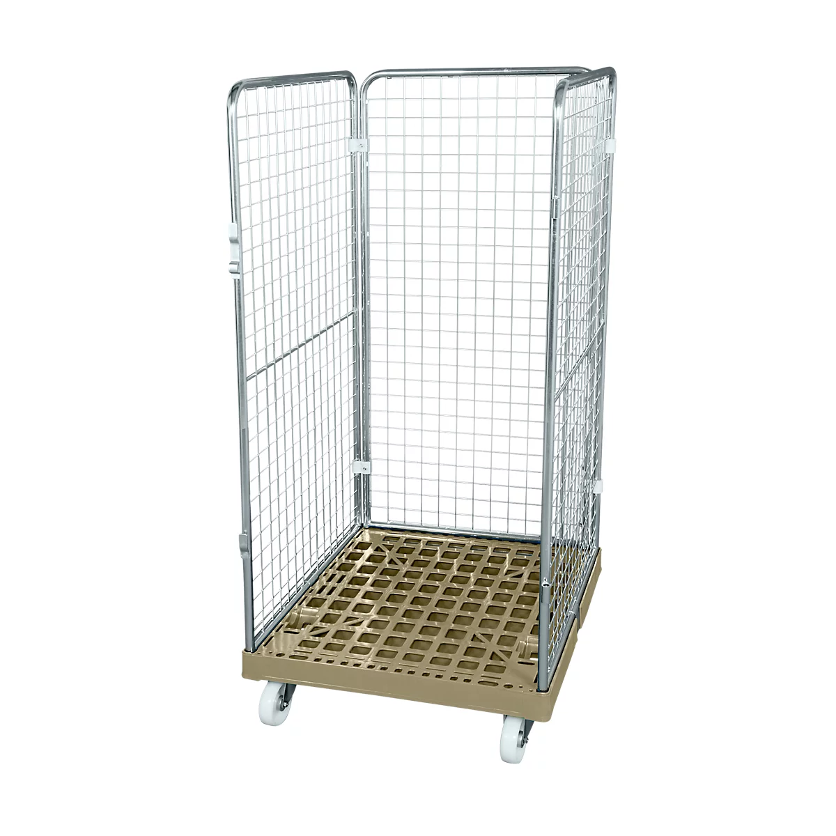 Metal cage trolley with open door and plastic floor on wheels.
