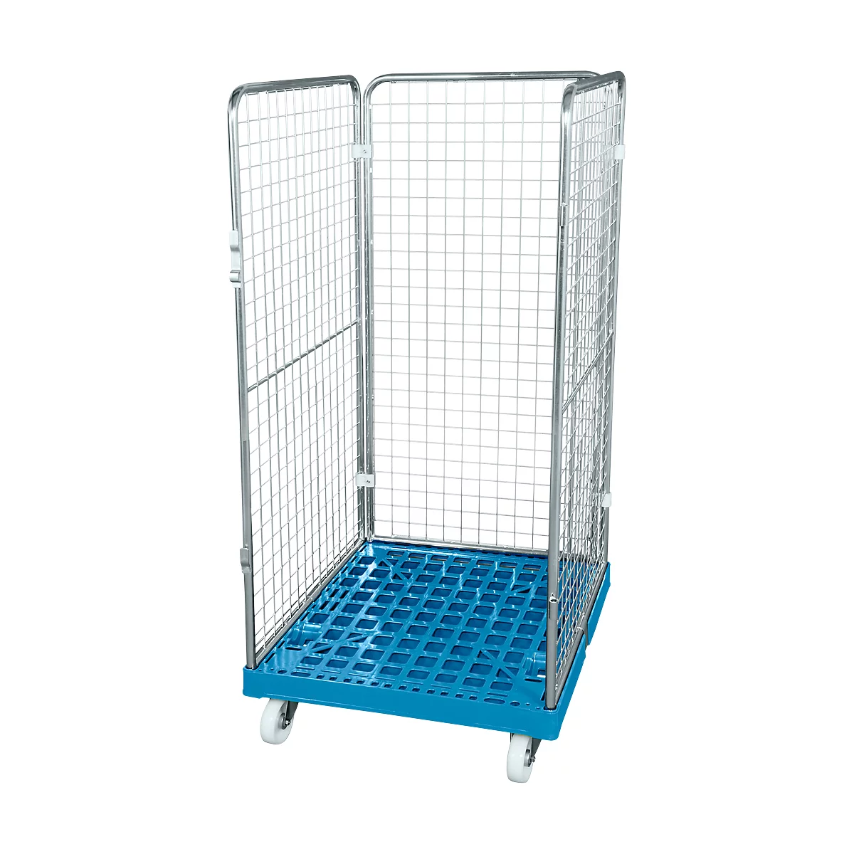 Blue rolling cart with mesh walls and white wheels.