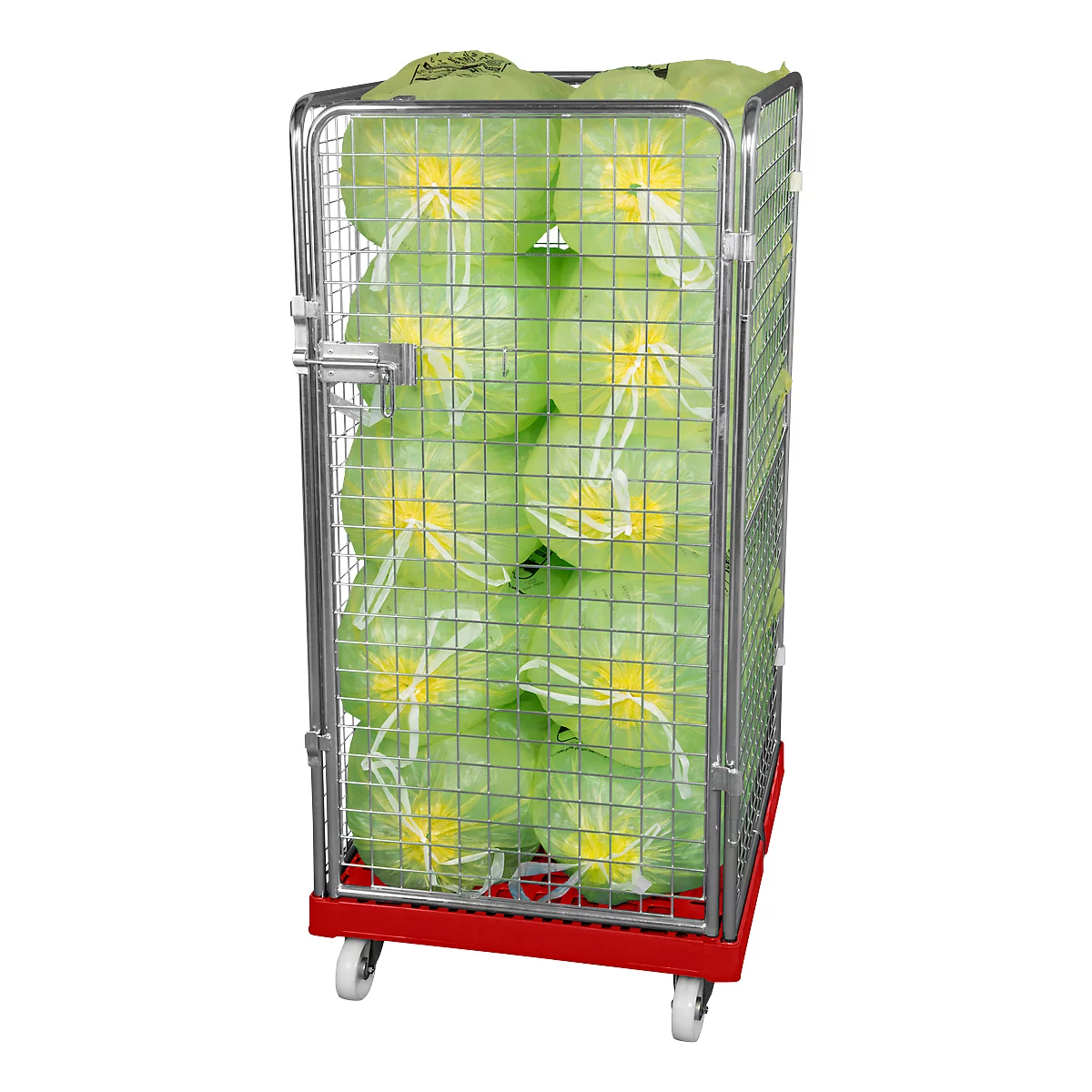 Roll container filled with packaged vegetables, enclosed with wire mesh and metal frame.