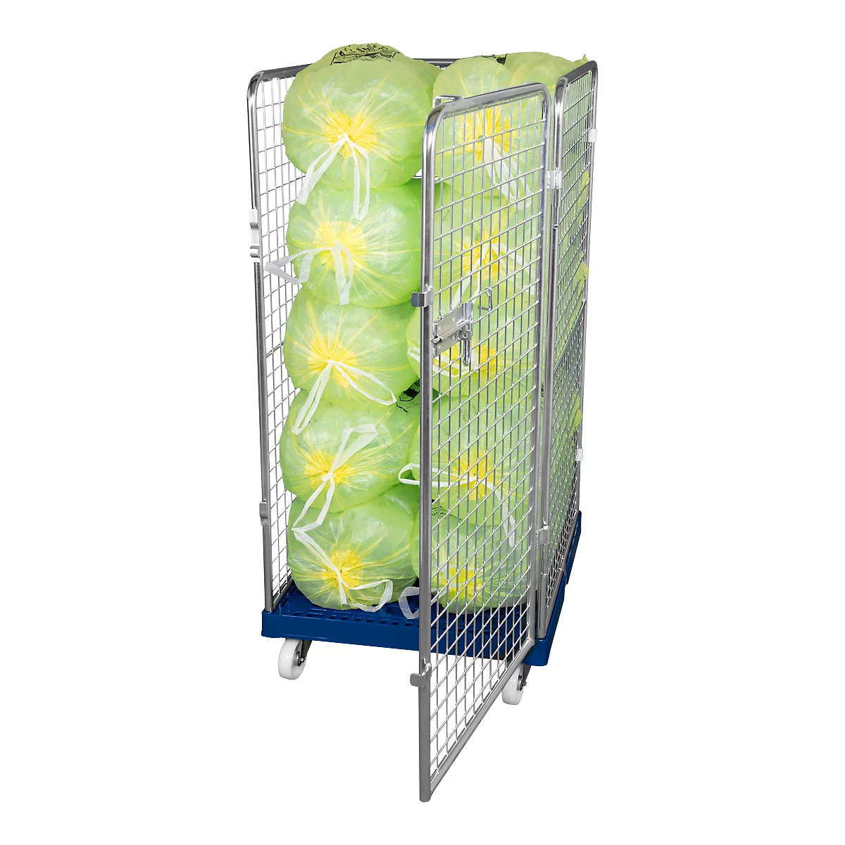 A roll container with green cabbage heads wrapped in foil.