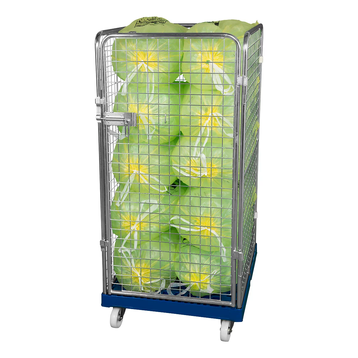 Metal trolley filled with plastic bags filled with vegetables. On wheels and with a grid structure.