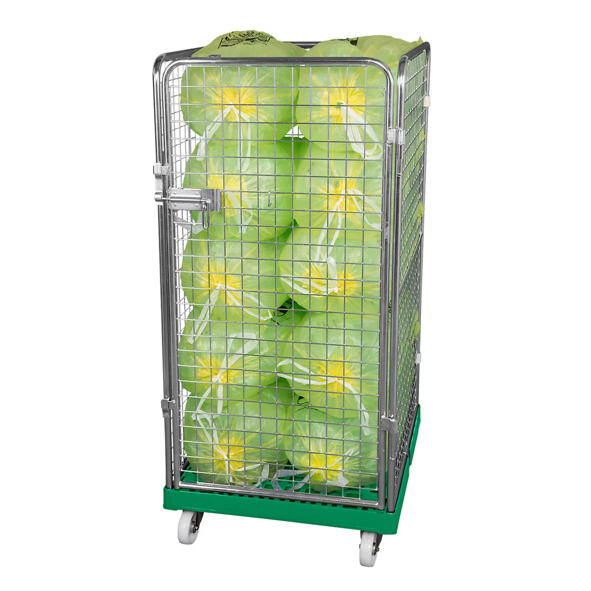 A wire mesh roll container filled with packaged, light green products, against a white background.