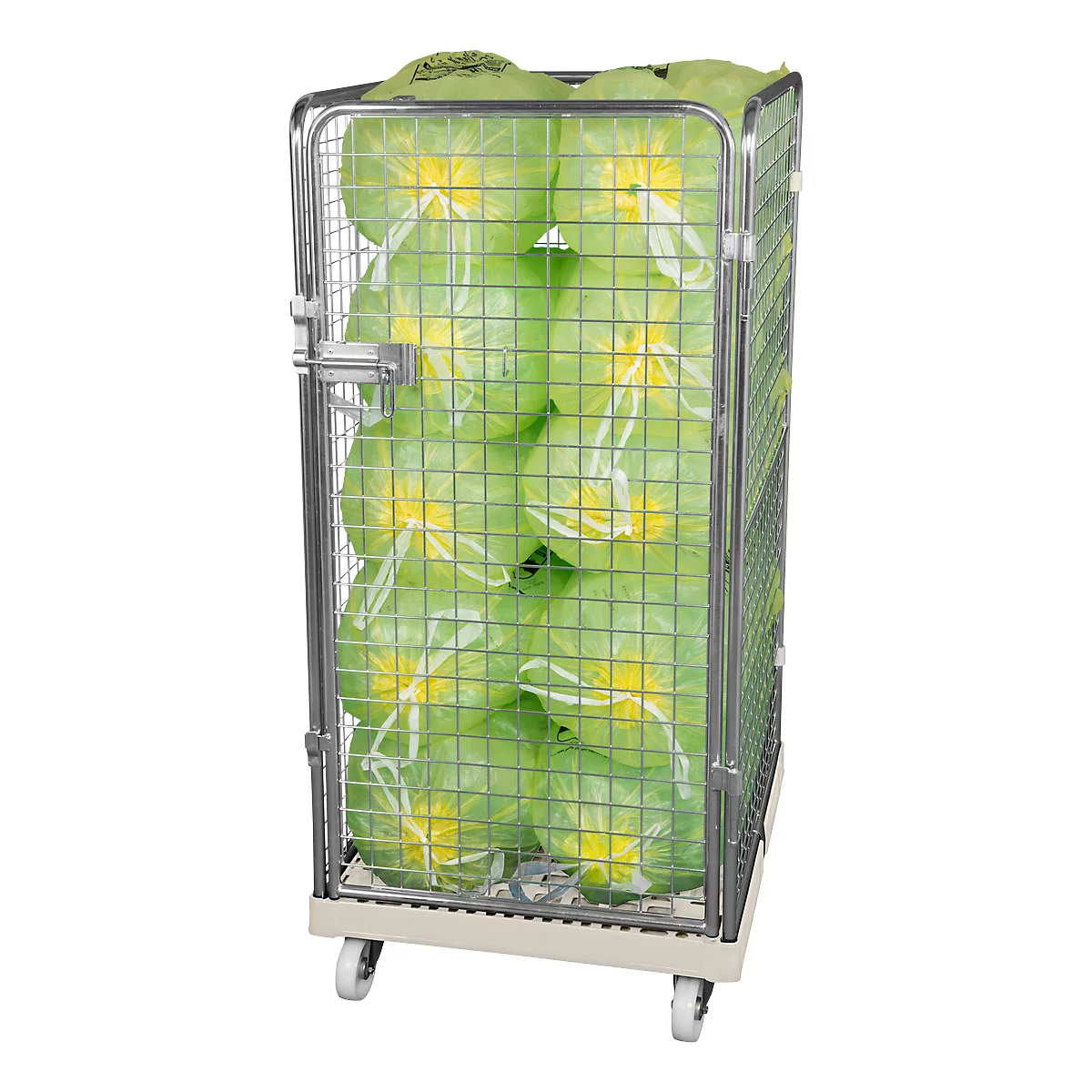 Metal cart with cage filled with packed vegetables in green plastic bags.
