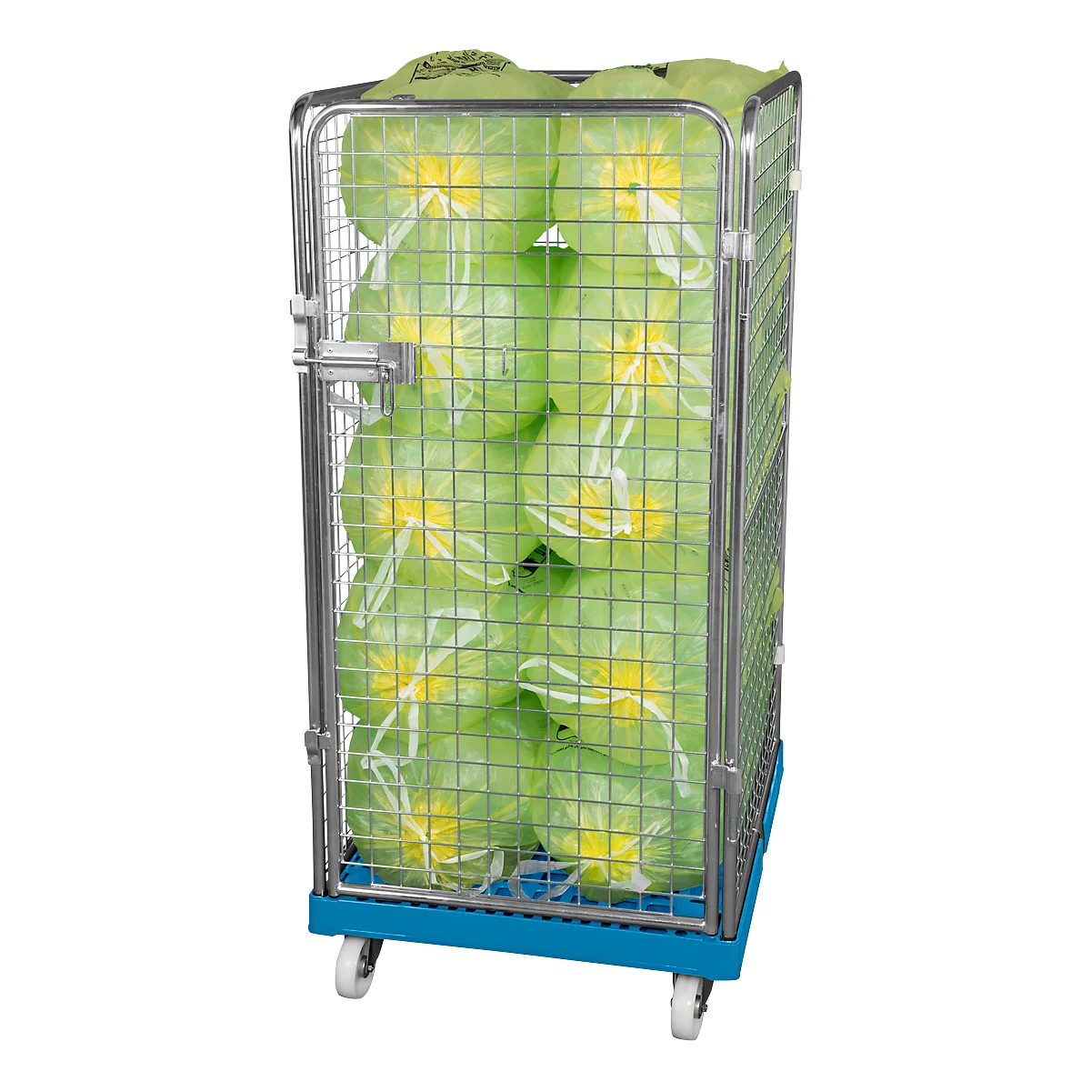 A metal cage on wheels filled with packaged green products.
