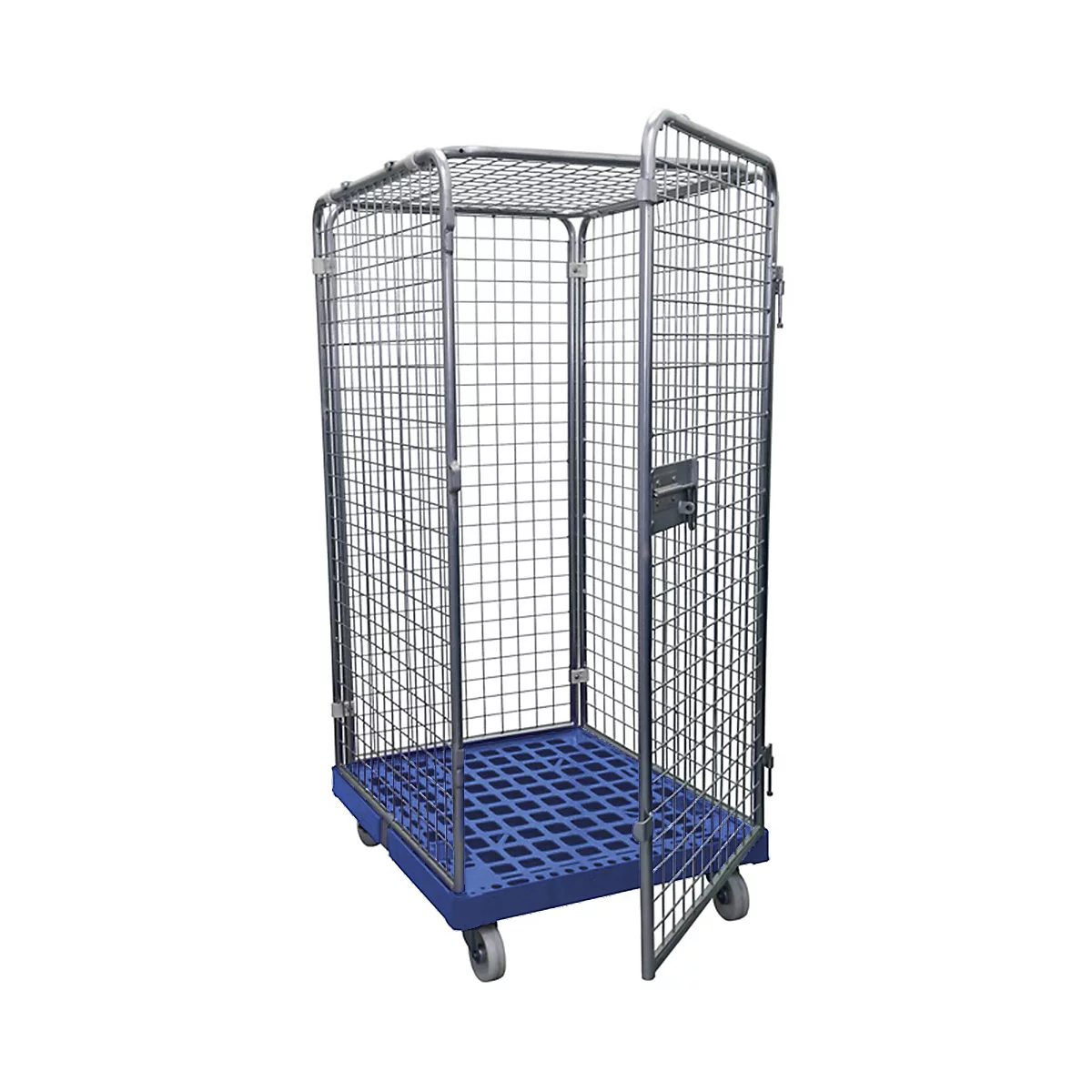 Metal cage trolley with blue base and door. Gray wheels. Neutral background.