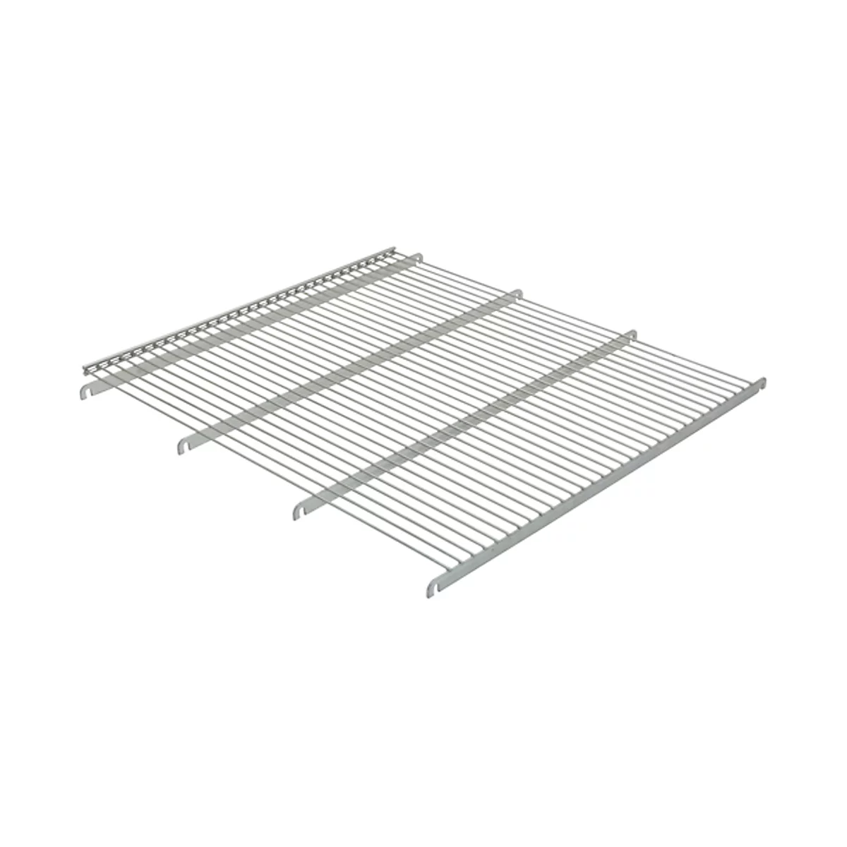 Metal grid viewed from above. It consists of parallel bars with crossbars, connected by hooks.
