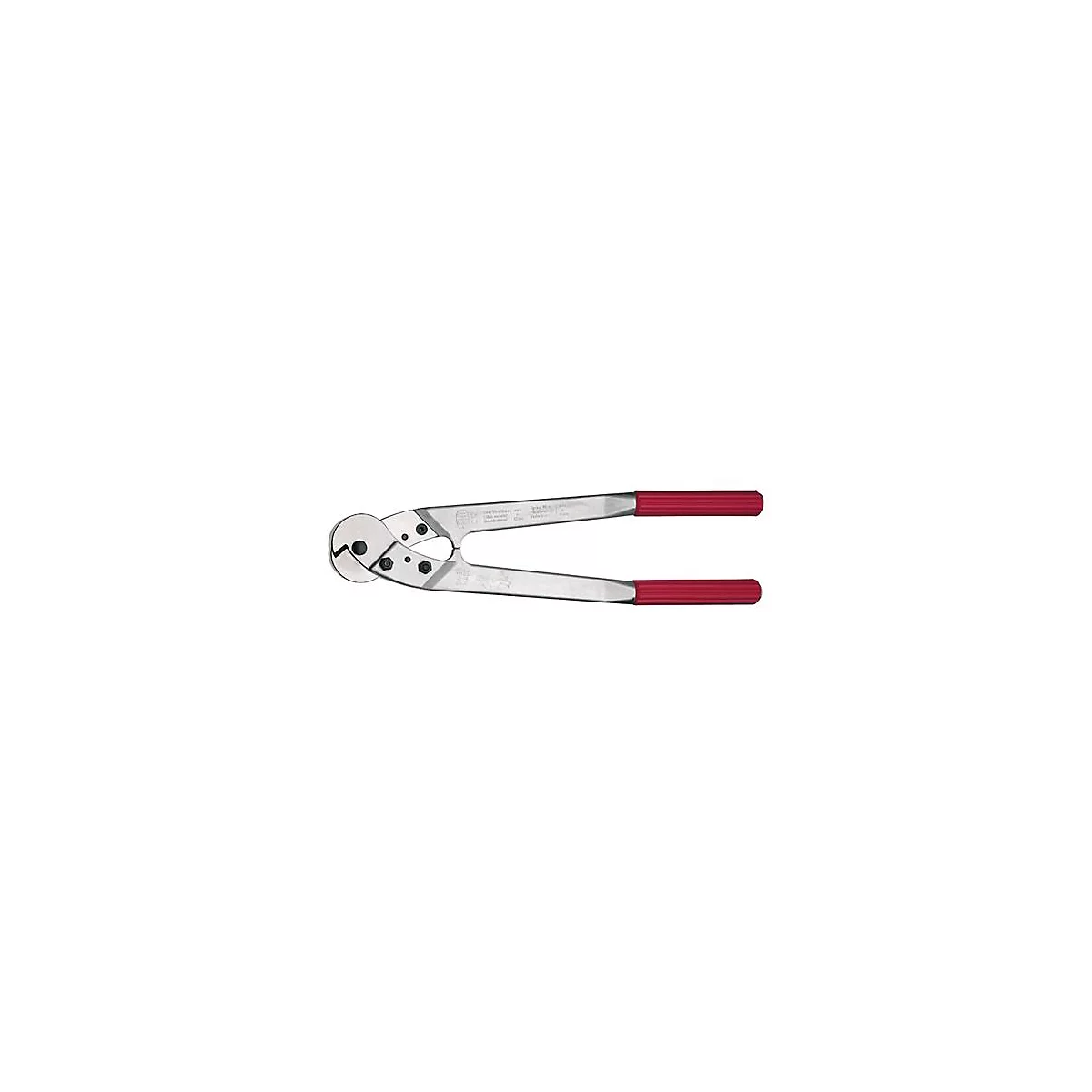 Cable cutter with red handles, detail view.