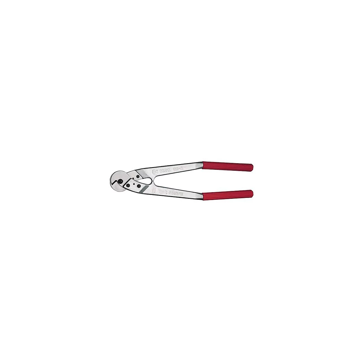 A cable cutter with red handles. The scissors are made of metal with various inscriptions.