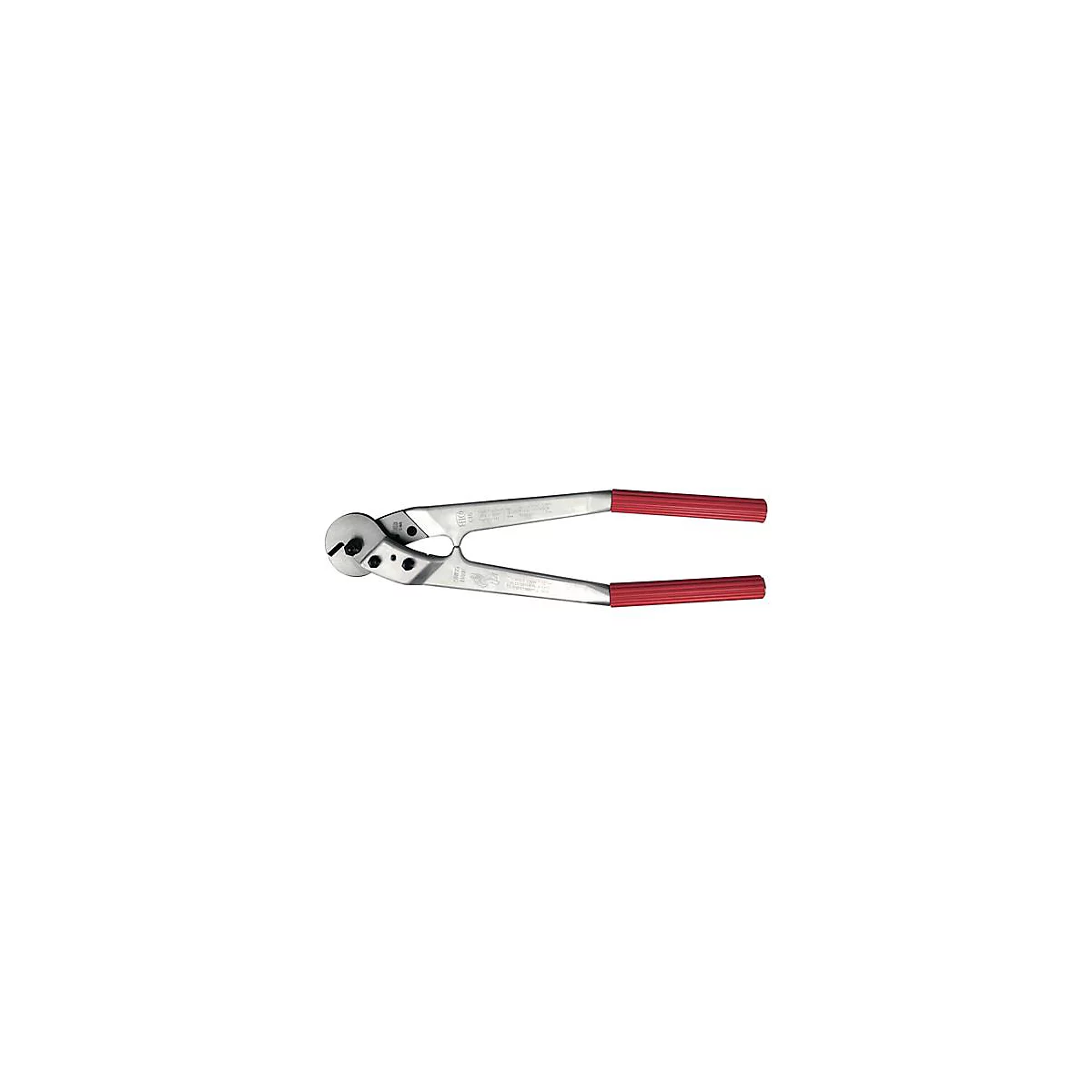Metal cable cutter with red handles. Lettering can be seen on the silver tool. The cutting head is round.