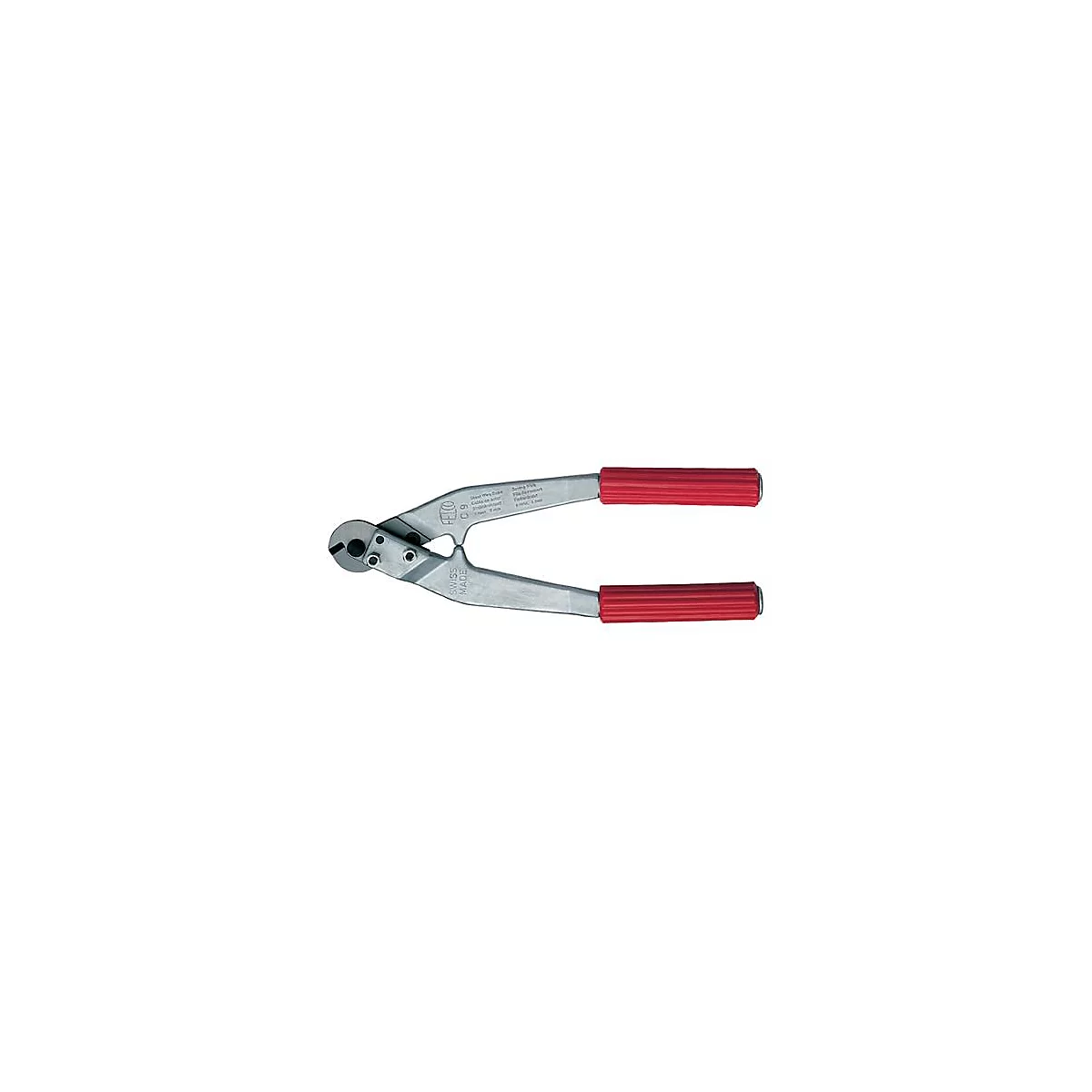 Cable cutter with silver jaws and red handles, tool. Inscription: Swiss Made.