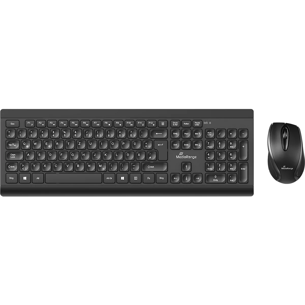 Black keyboard and mouse. The keyboard has keys and a logo. The mouse is ergonomically shaped.