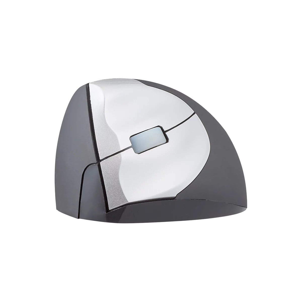 Ergonomic mouse in gray and silver. Vertical design for a natural hand position.