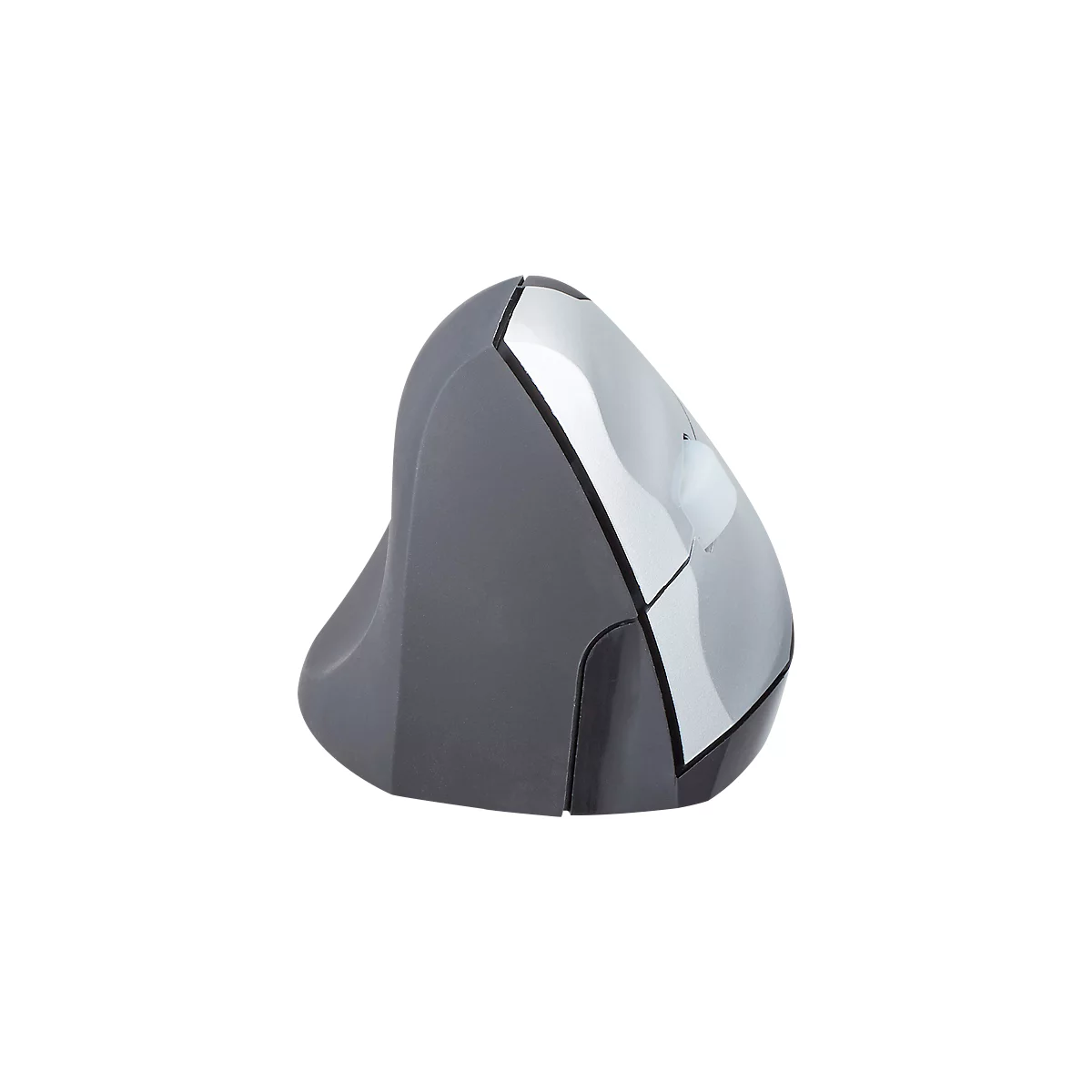 Ergonomic mouse in gray and silver. Vertical shape for comfortable grip. Upper half glossy, lower matte.