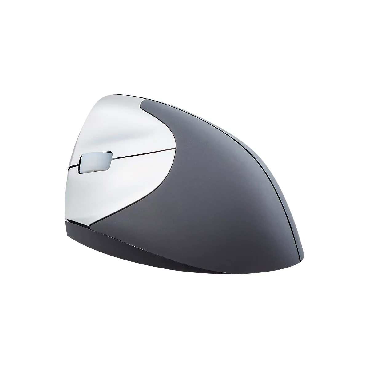 Ergonomic mouse in gray and silver. Vertical design, with buttons and scroll wheel.