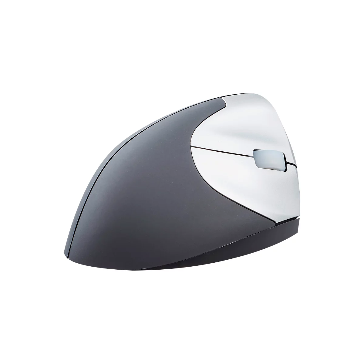 Ergonomic mouse in grey and silver. Vertical shape with buttons and scroll wheel.