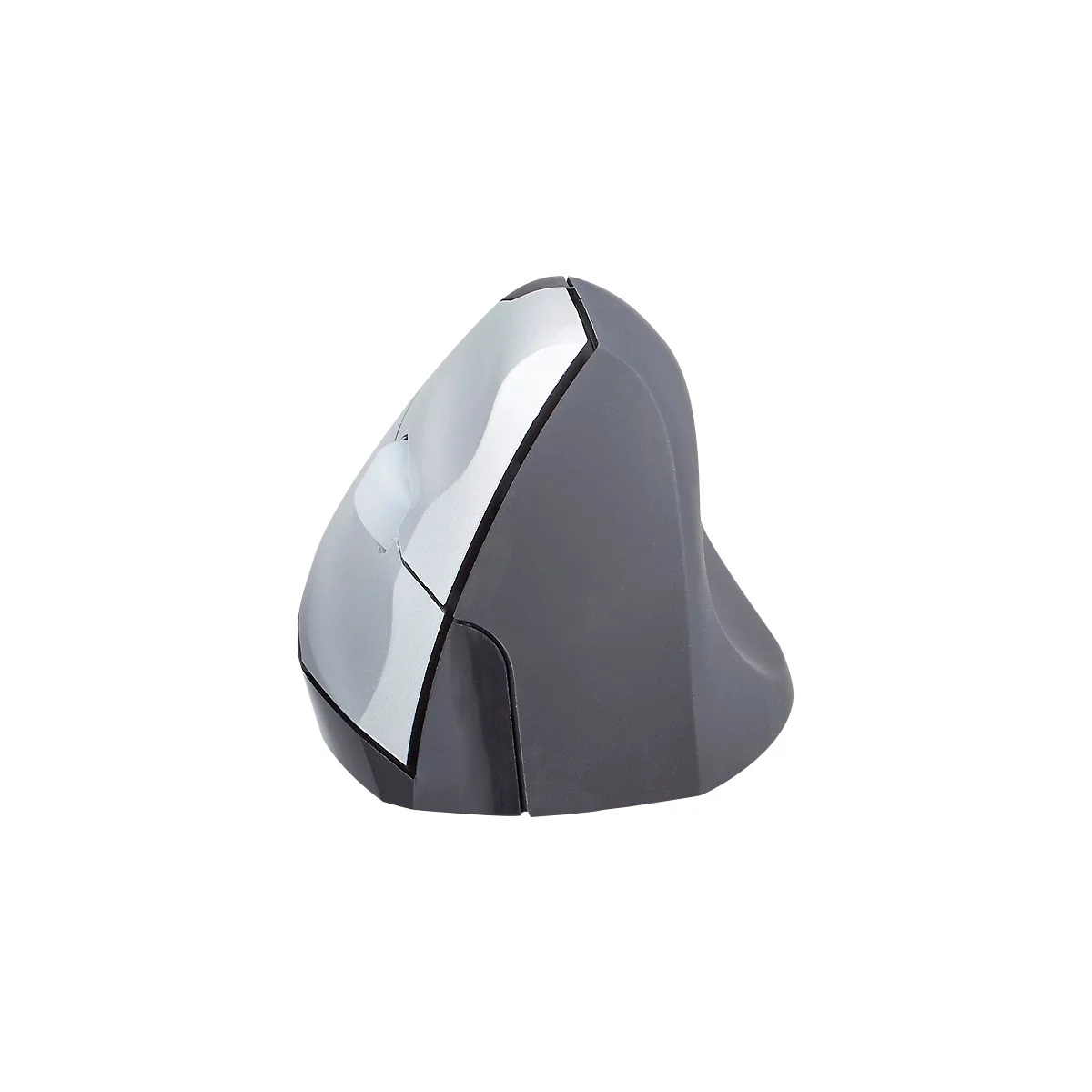Ergonomic mouse in grey and silver. Vertical design, relieves wrist strain. Glossy upper surface, grey body.