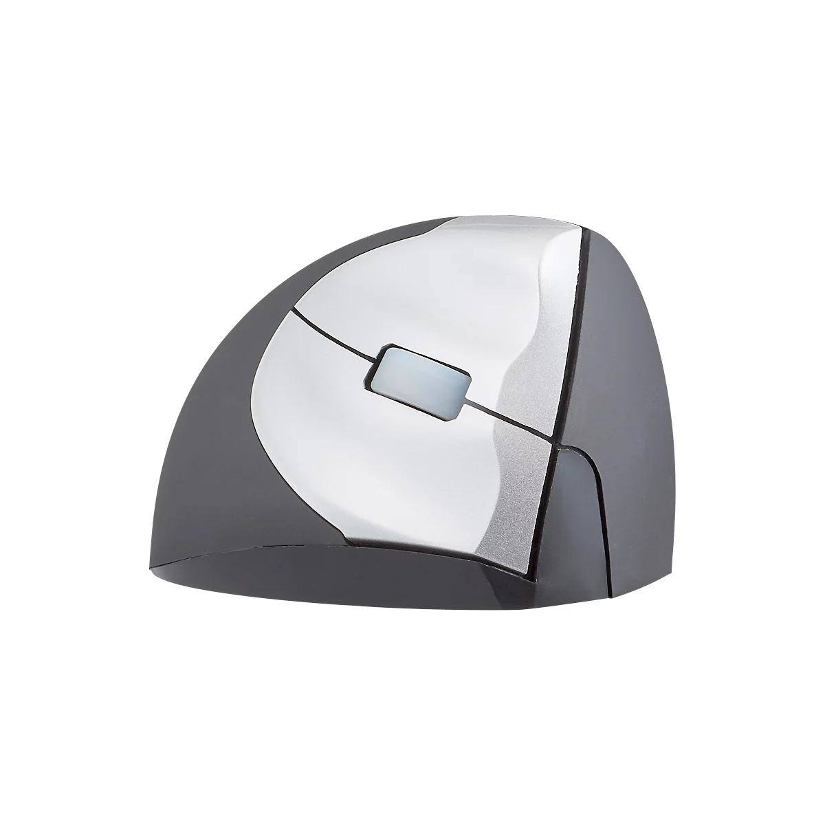 Vertical computer mouse in gray and silver. There is a gray button on the top.