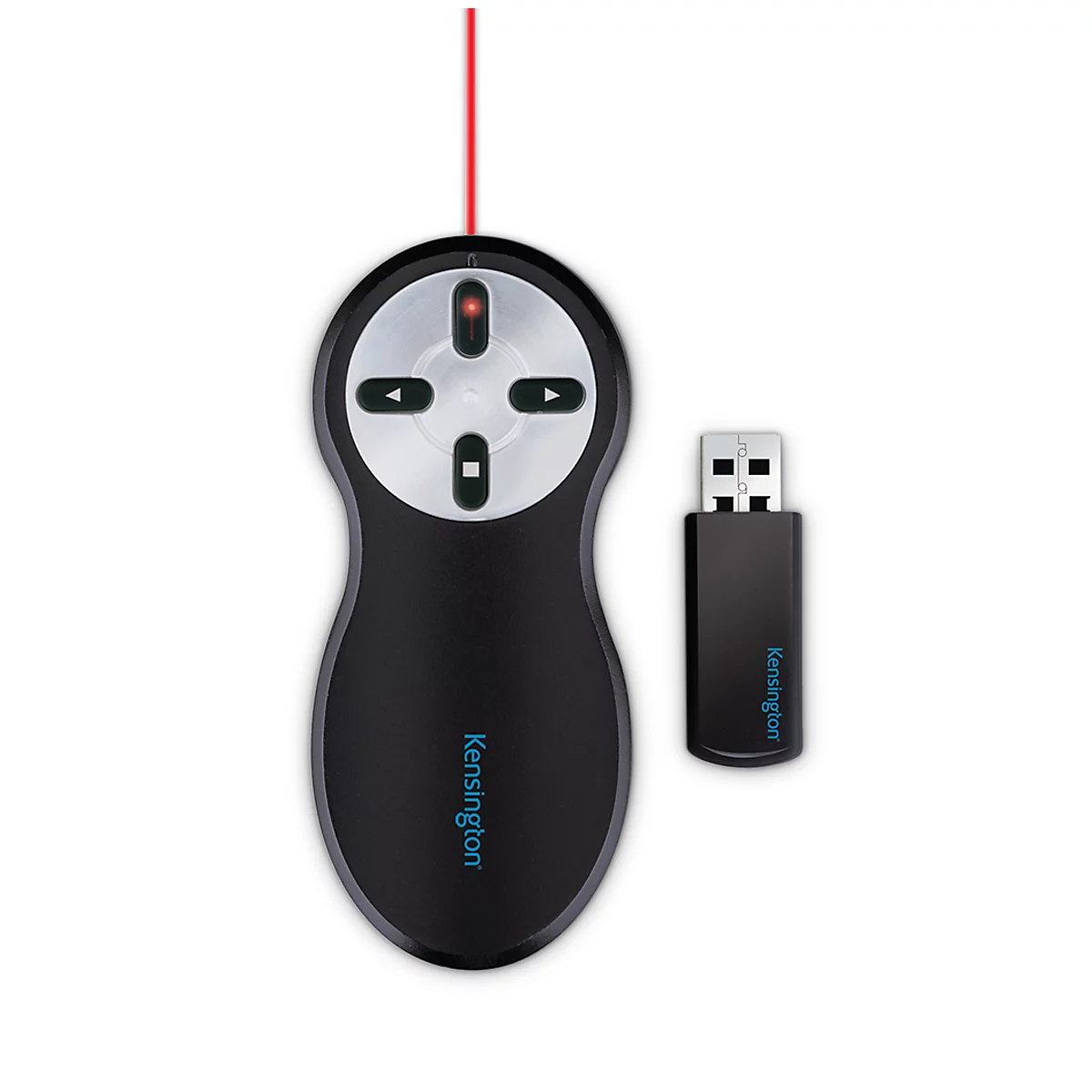 Wireless Presenter Kensington 33374EU, roter Laserpointer Klasse 2, Reichweite bis 20 m, 4 Tasten, USB-Empfänger, schwarz-silber, inkl. Batterien