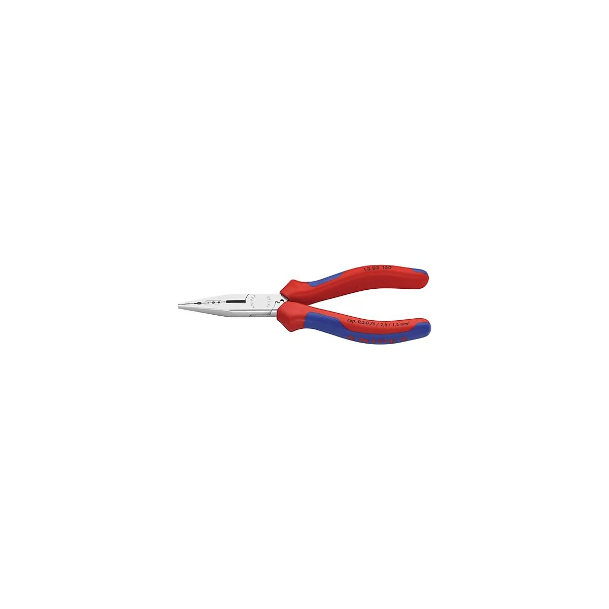 Pliers with red and blue handles, with markings on them.