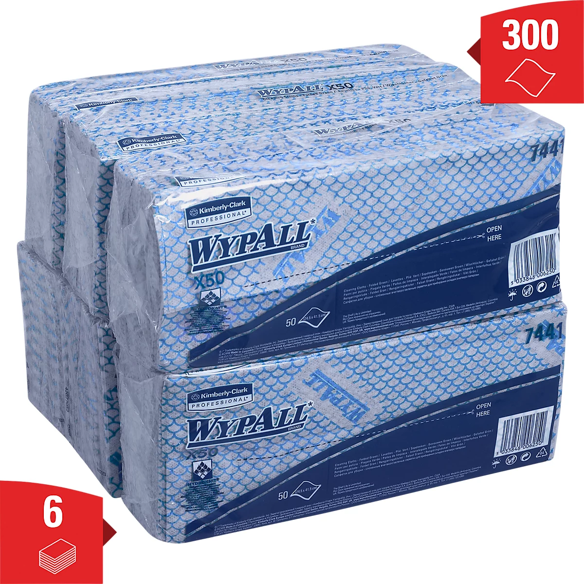 Wischtücher WypAll® X50, B 245 x L 416 mm, Interfold, lebensmittelgeeignet, 6 x 50 Stück, blau